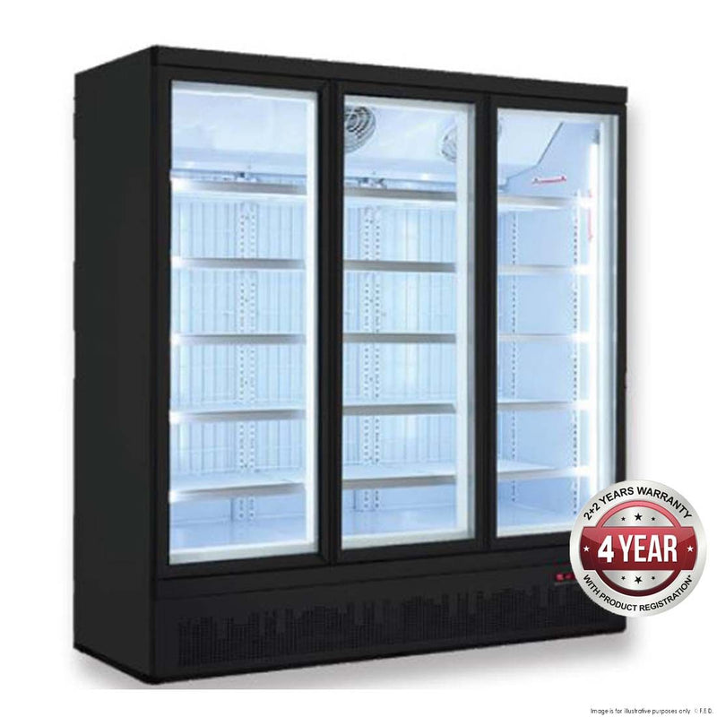 Thermaster 1530L Three Glass Door Black Colourbond Upright Supermarket Fridge Bottom Mounted 1880 x 710 x 2003mm