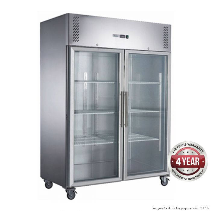 1410L S/S Two Glass Door Upright Freezer 1480x810x2000mm 865W/10A